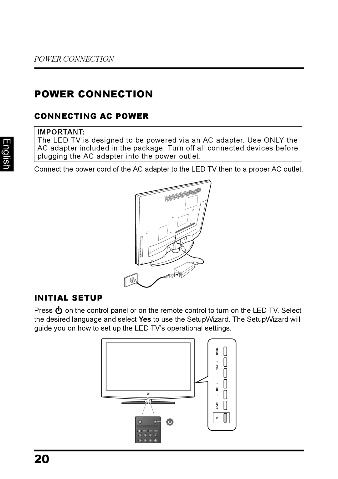 Westinghouse LD-3237 user manual Power Connection, English, Connecting Ac Power, Initial Setup 