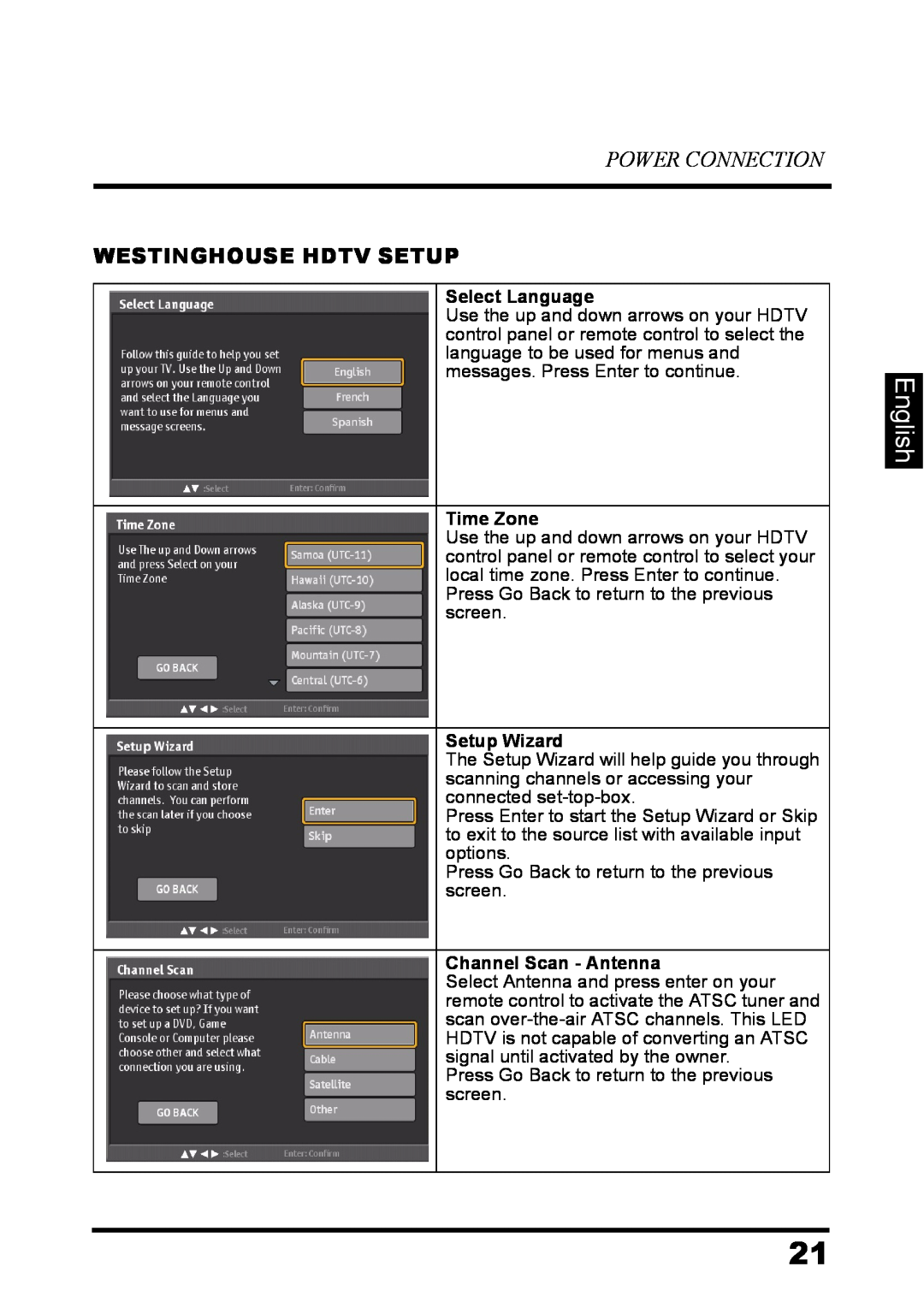 Westinghouse LD-3237 English, Power Connection, Westinghouse Hdtv Setup, Select Language, Time Zone, Setup Wizard 