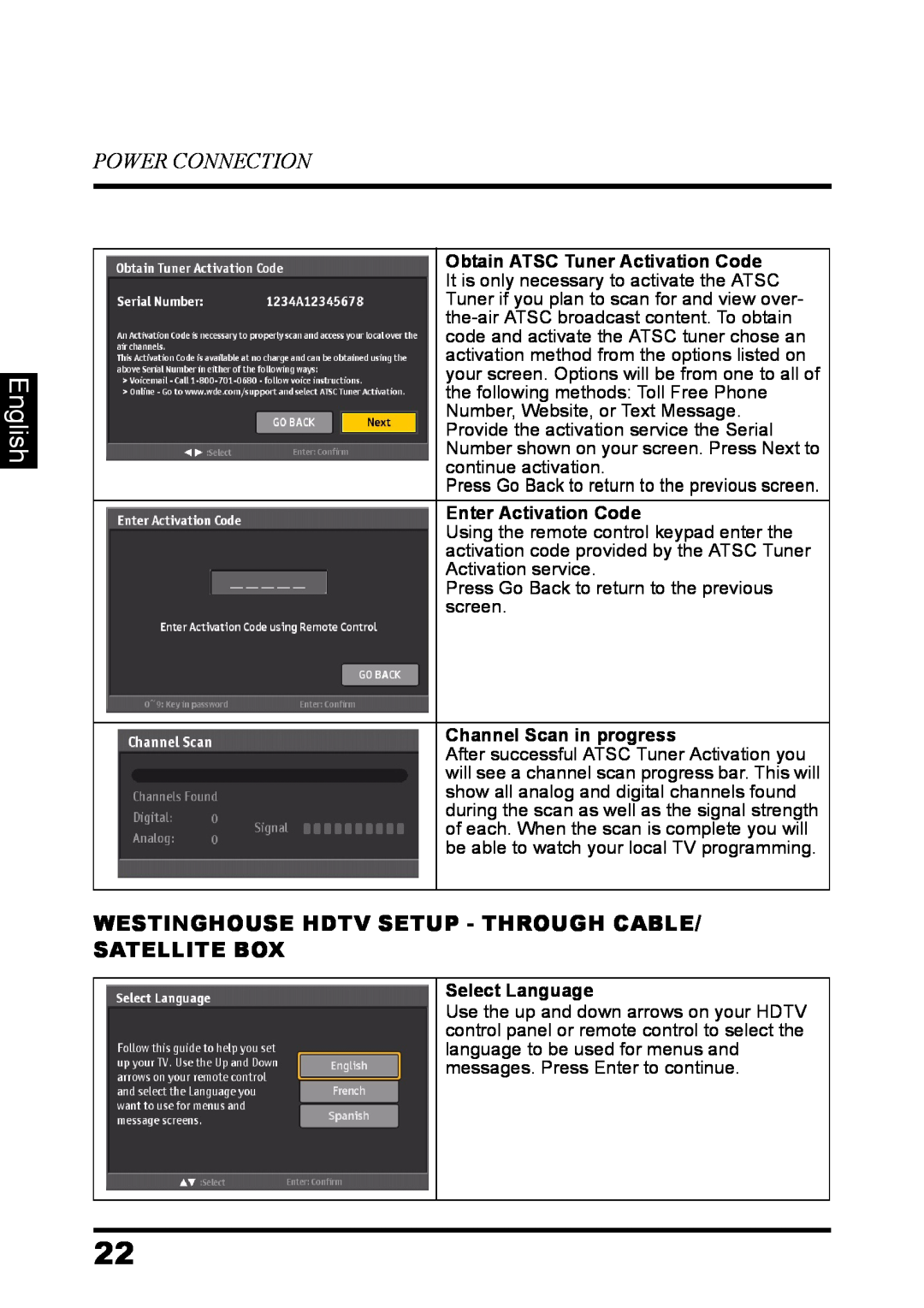 Westinghouse LD-3237 user manual English, Power Connection, Westinghouse Hdtv Setup - Through Cable/ Satellite Box 