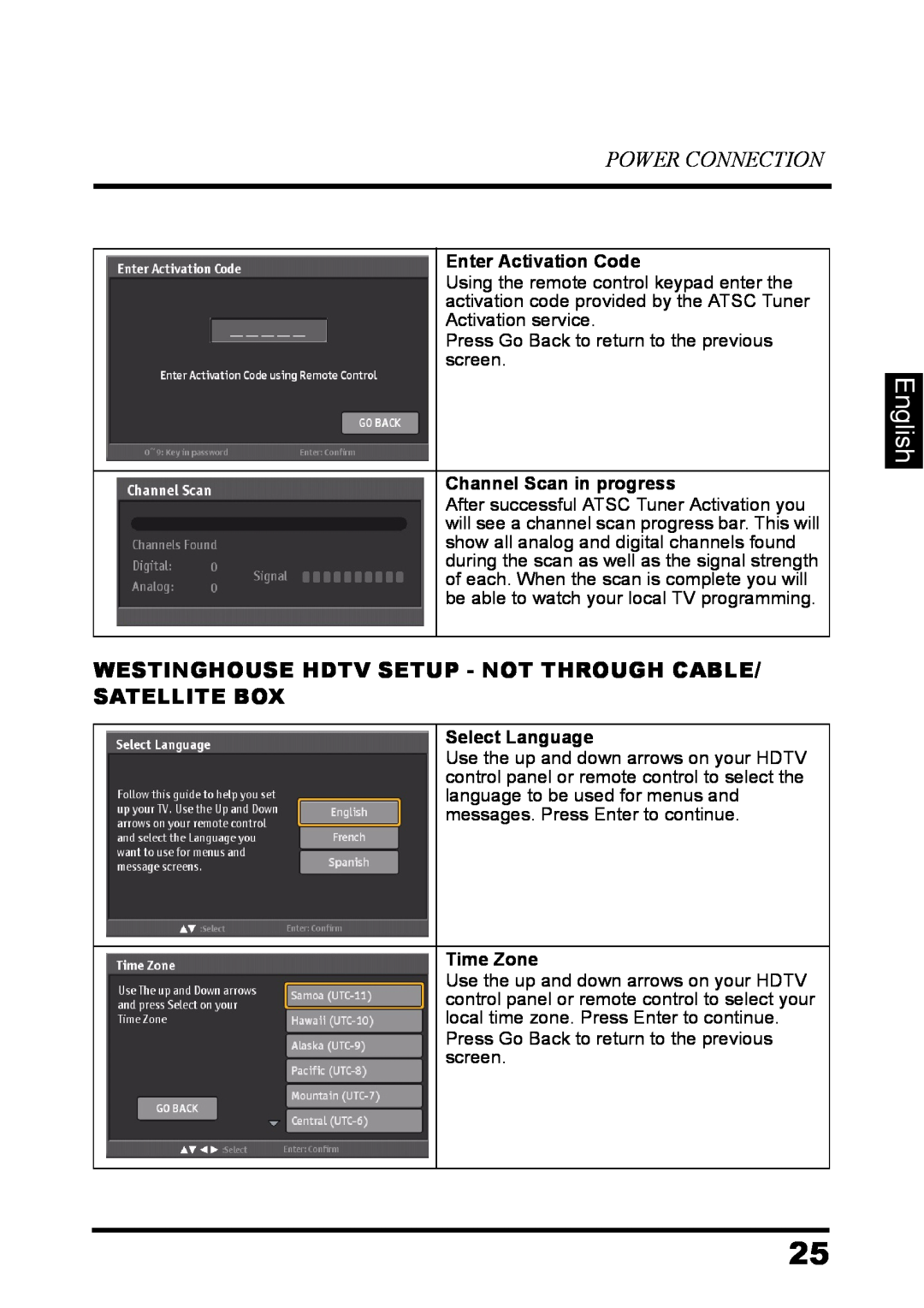 Westinghouse LD-3237 user manual English, Power Connection, Westinghouse Hdtv Setup - Not Through Cable/ Satellite Box 