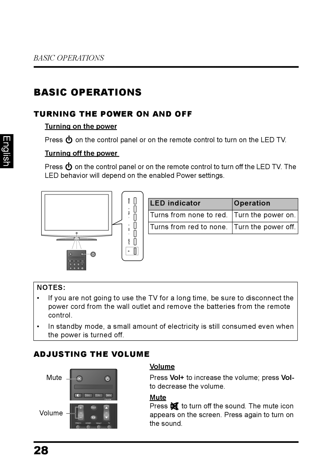 Westinghouse LD-3237 user manual Basic Operations, English, Turning The Power On And Off, Adjusting The Volume 