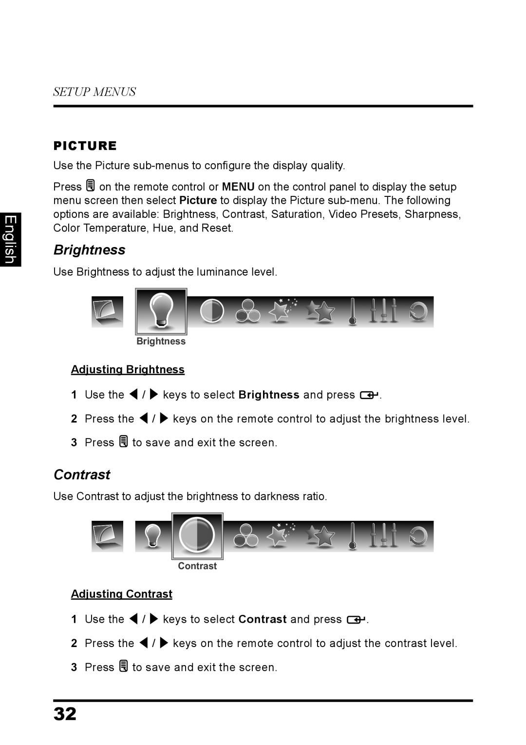 Westinghouse LD-3237 user manual Brightness, Contrast, English, Setup Menus, Picture 