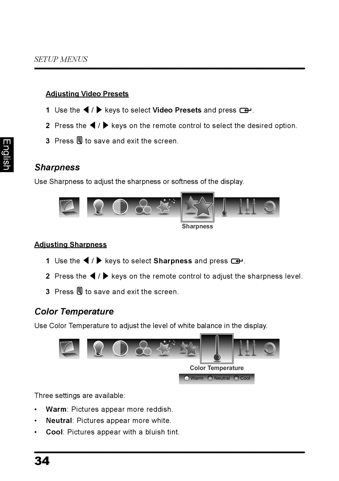 Westinghouse LD-3237 user manual Color Temperature, English, Setup Menus, Adjusting Video Presets, Adjusting Sharpness 