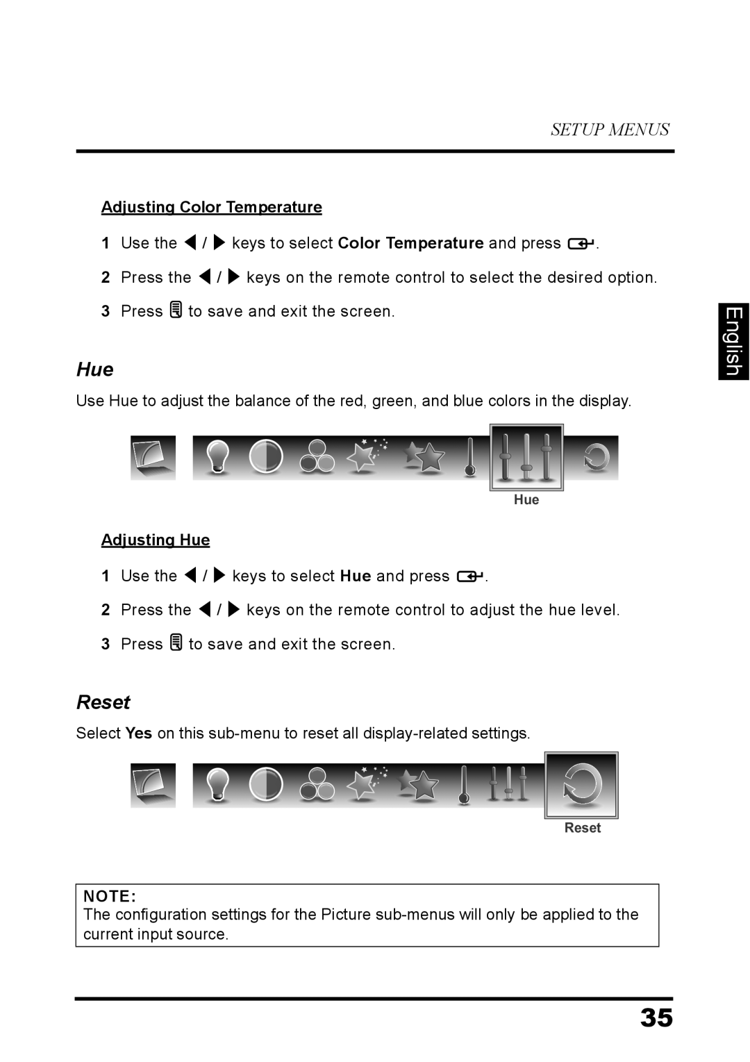 Westinghouse LD-3237 user manual Reset, English, Setup Menus, Adjusting Color Temperature, Adjusting Hue 