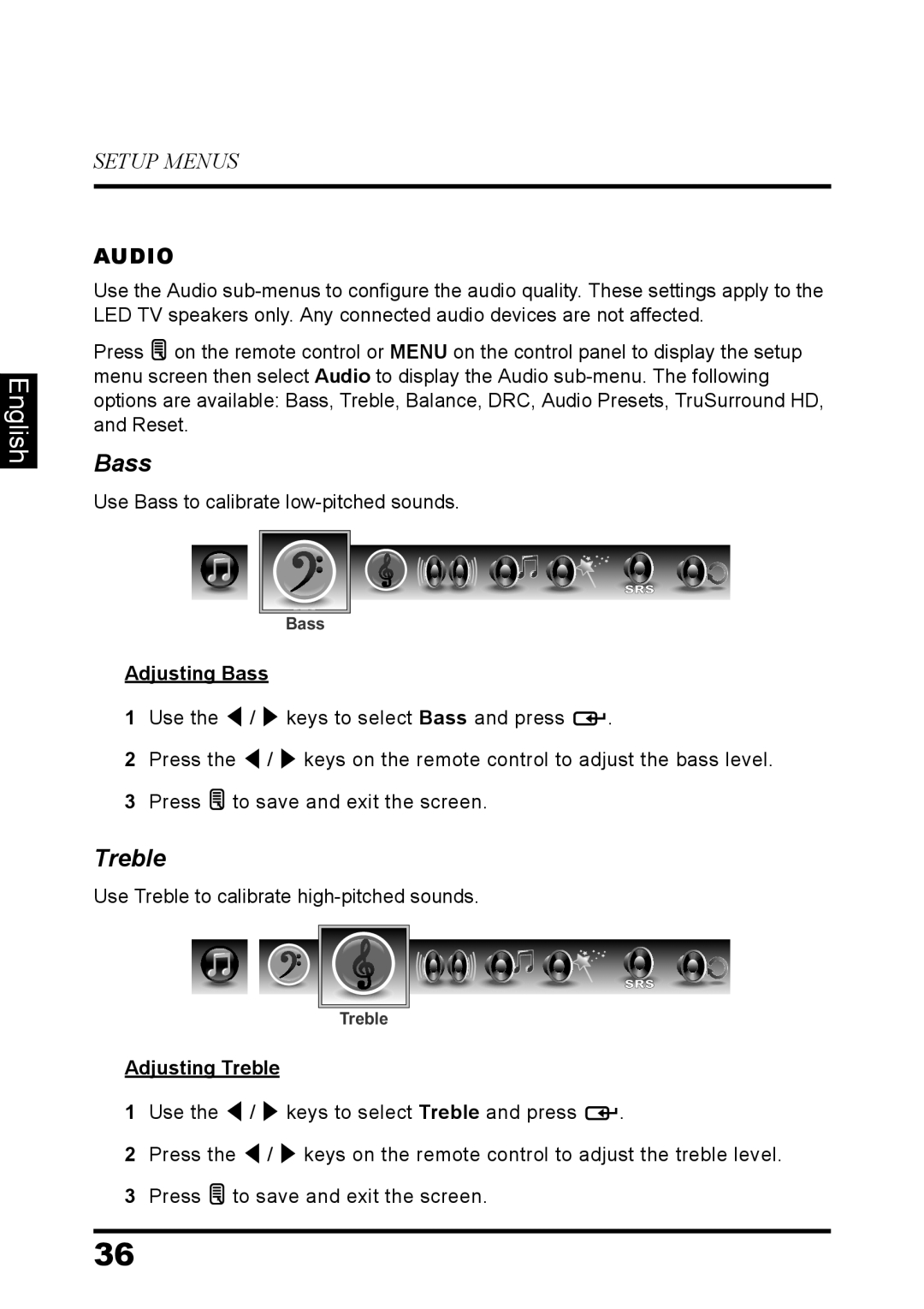 Westinghouse LD-3237 user manual Bass, Treble, English, Setup Menus, Audio 