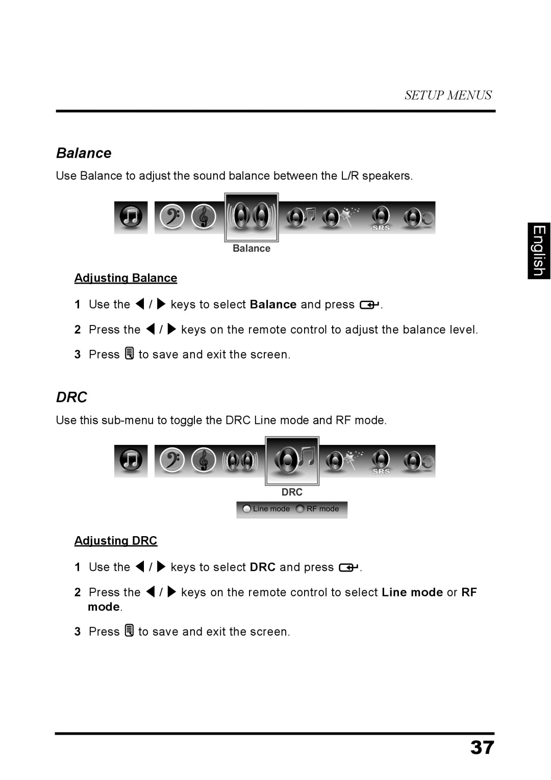 Westinghouse LD-3237 user manual English, Setup Menus, Adjusting Balance, Adjusting DRC 