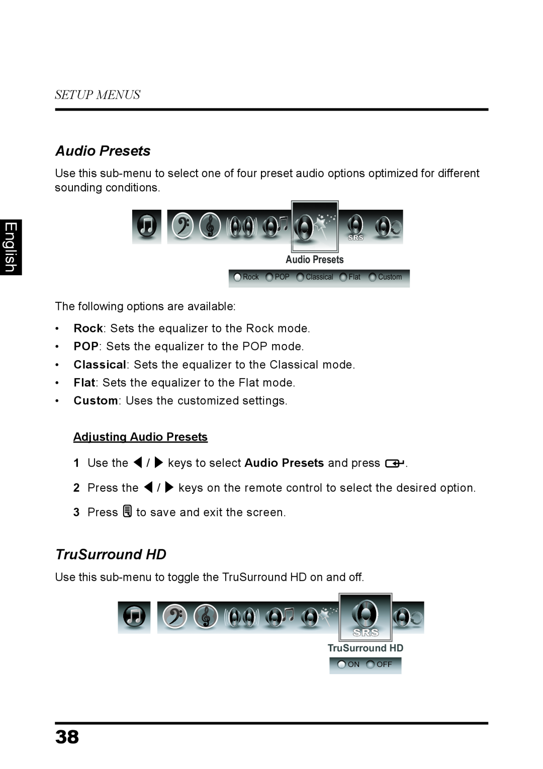 Westinghouse LD-3237 user manual TruSurround HD, English, Setup Menus, Adjusting Audio Presets 