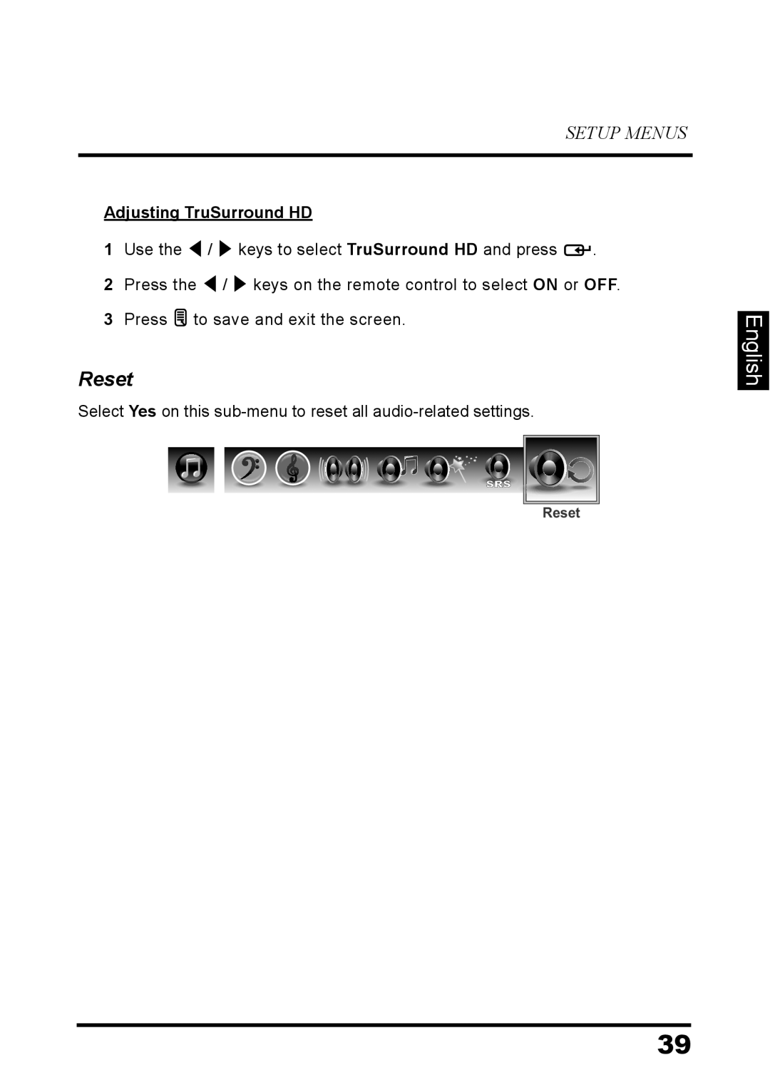 Westinghouse LD-3237 user manual English, Reset, Setup Menus, Adjusting TruSurround HD 