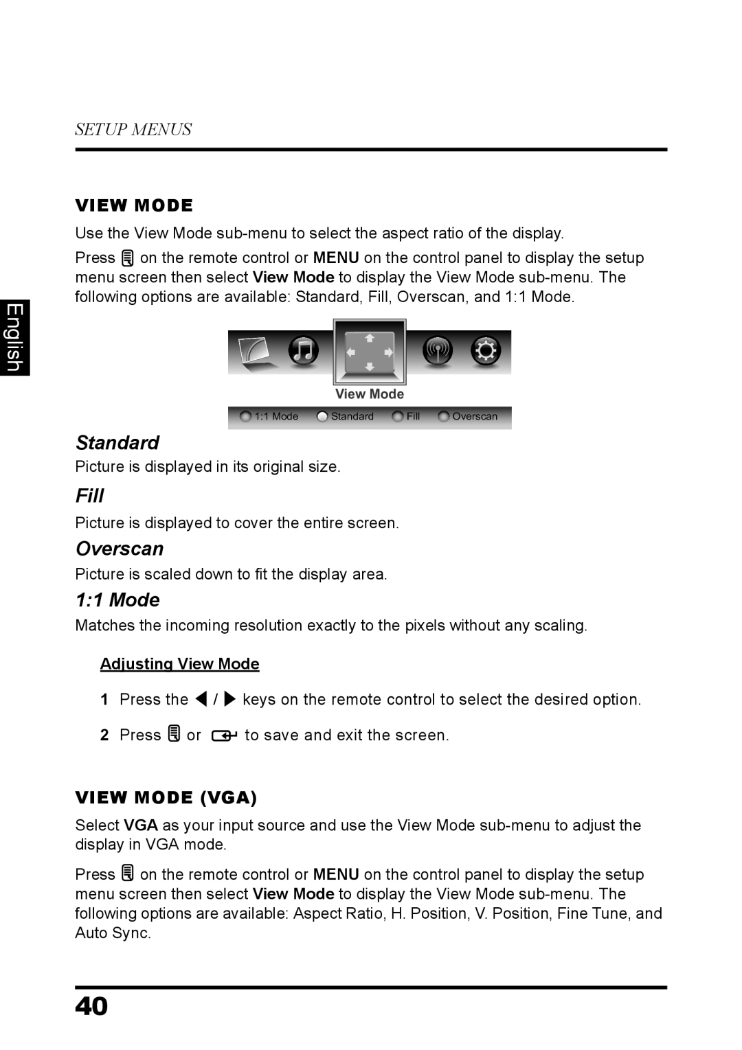 Westinghouse LD-3237 user manual Standard, Fill, Overscan, English, Setup Menus, View Mode Vga 