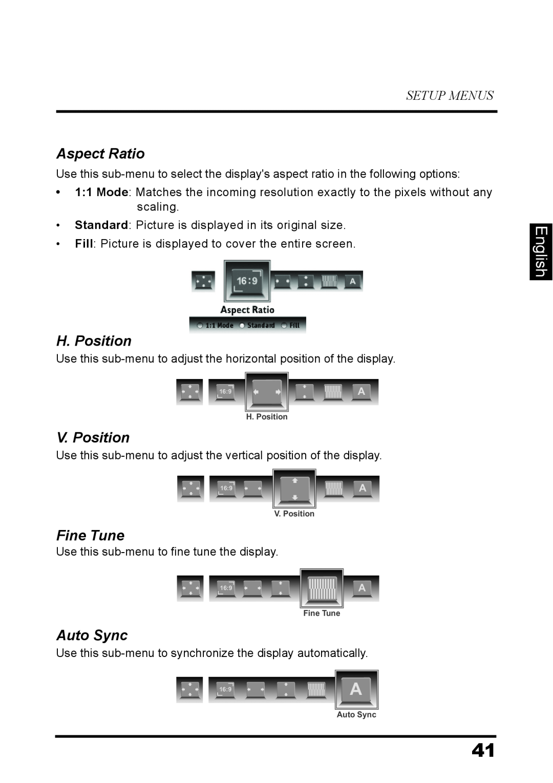 Westinghouse LD-3237 user manual Aspect Ratio, H. Position, V. Position, Fine Tune, Auto Sync, English, Setup Menus 