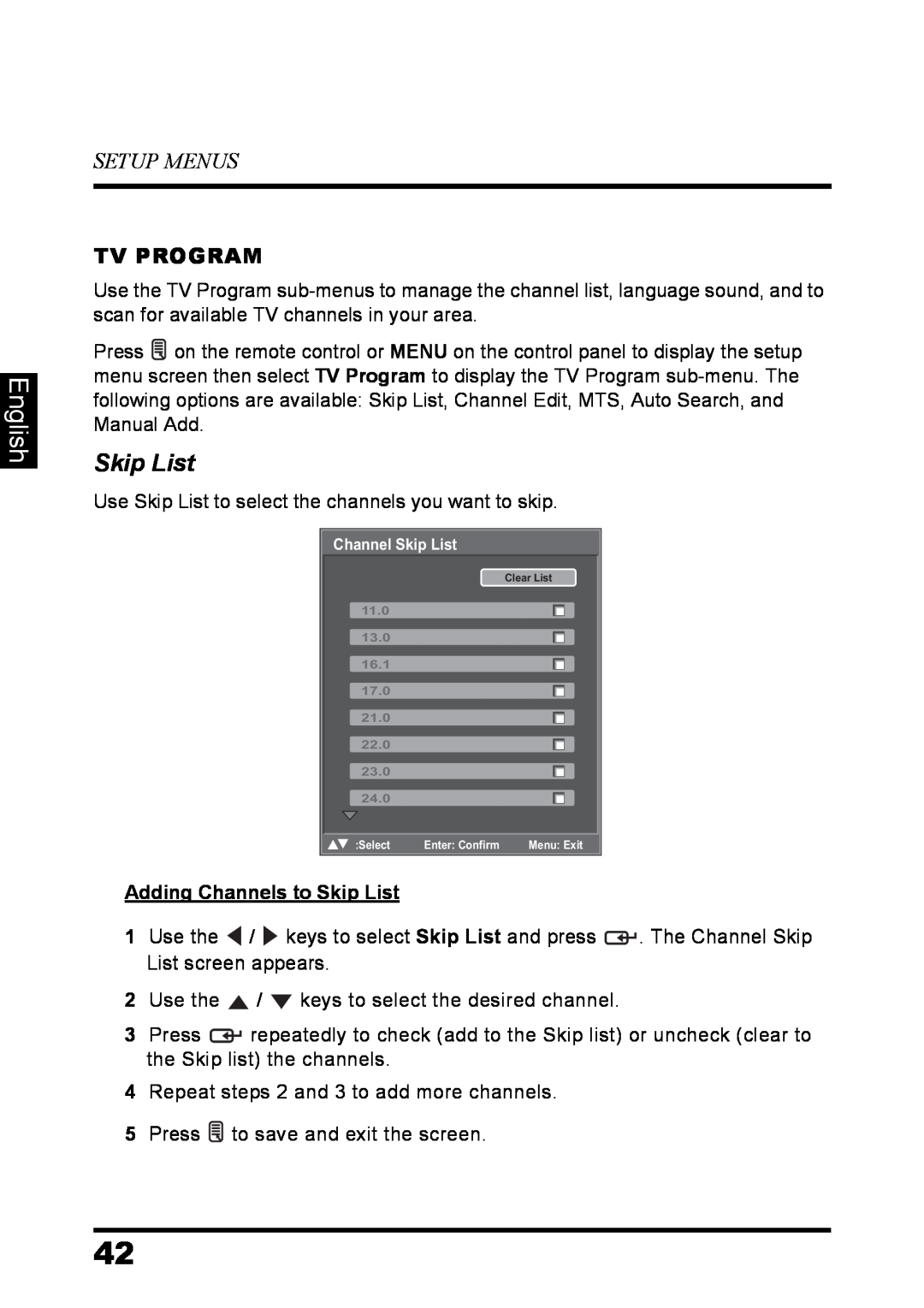 Westinghouse LD-3237 user manual Skip List, English, Setup Menus, Tv Program 