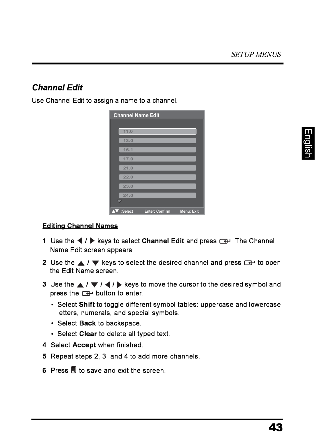 Westinghouse LD-3237 user manual Channel Edit, English, Setup Menus, Editing Channel Names 
