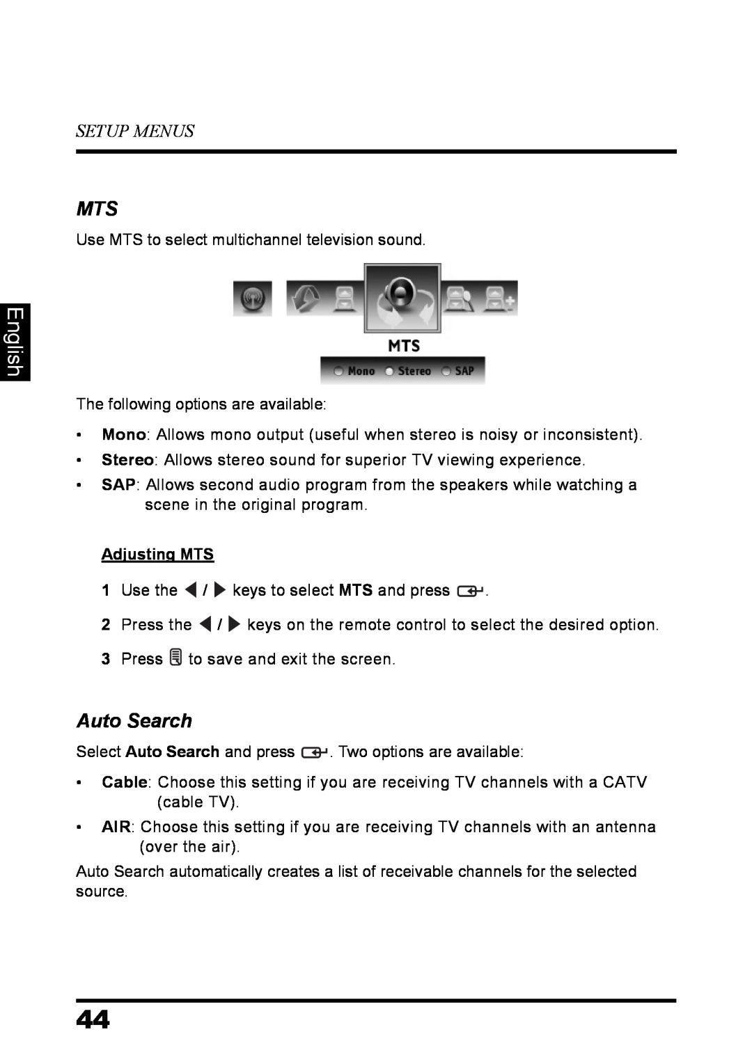 Westinghouse LD-3237 user manual Auto Search, English, Setup Menus, Adjusting MTS 