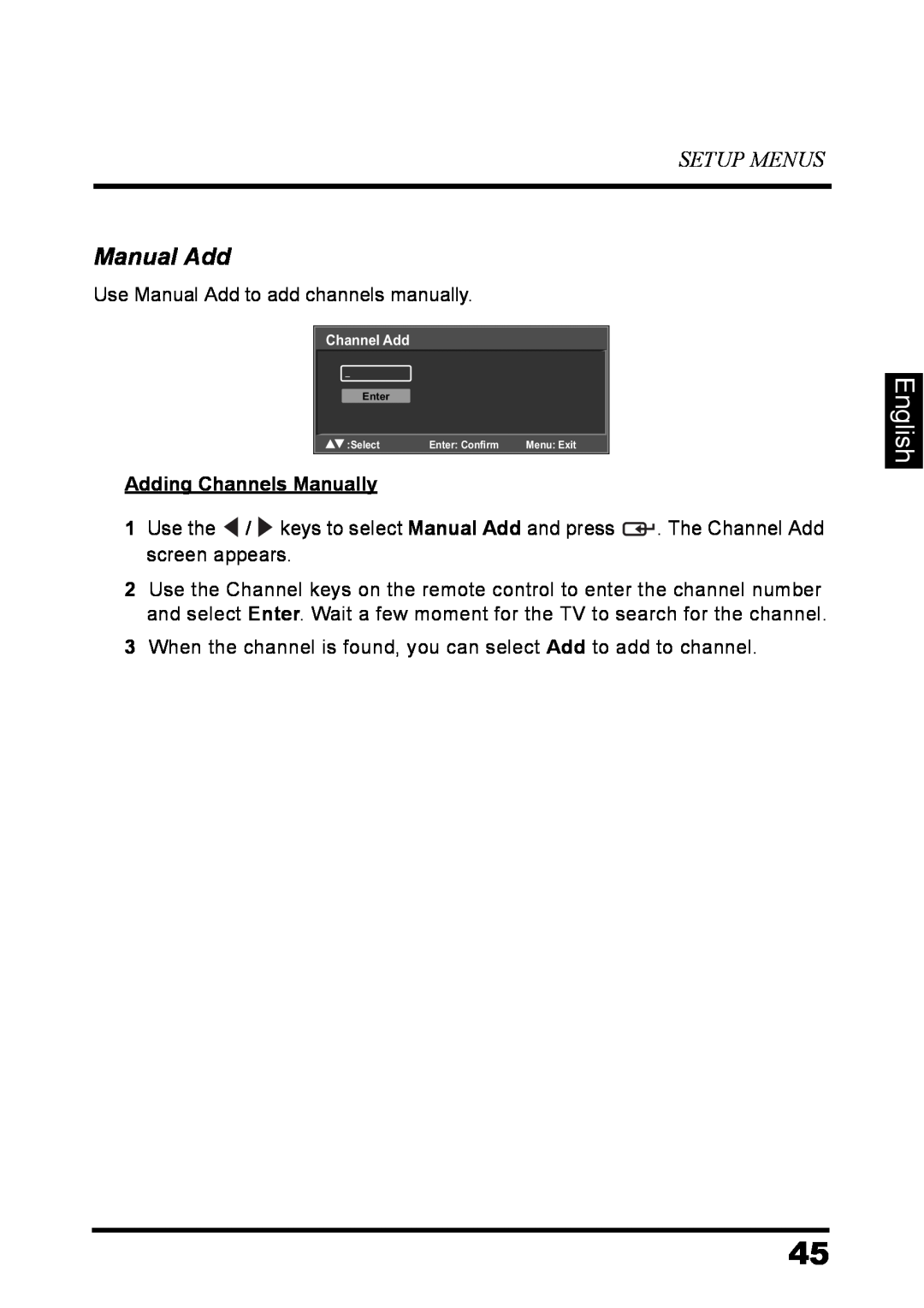 Westinghouse LD-3237 user manual Manual Add, English, Setup Menus, Adding Channels Manually 