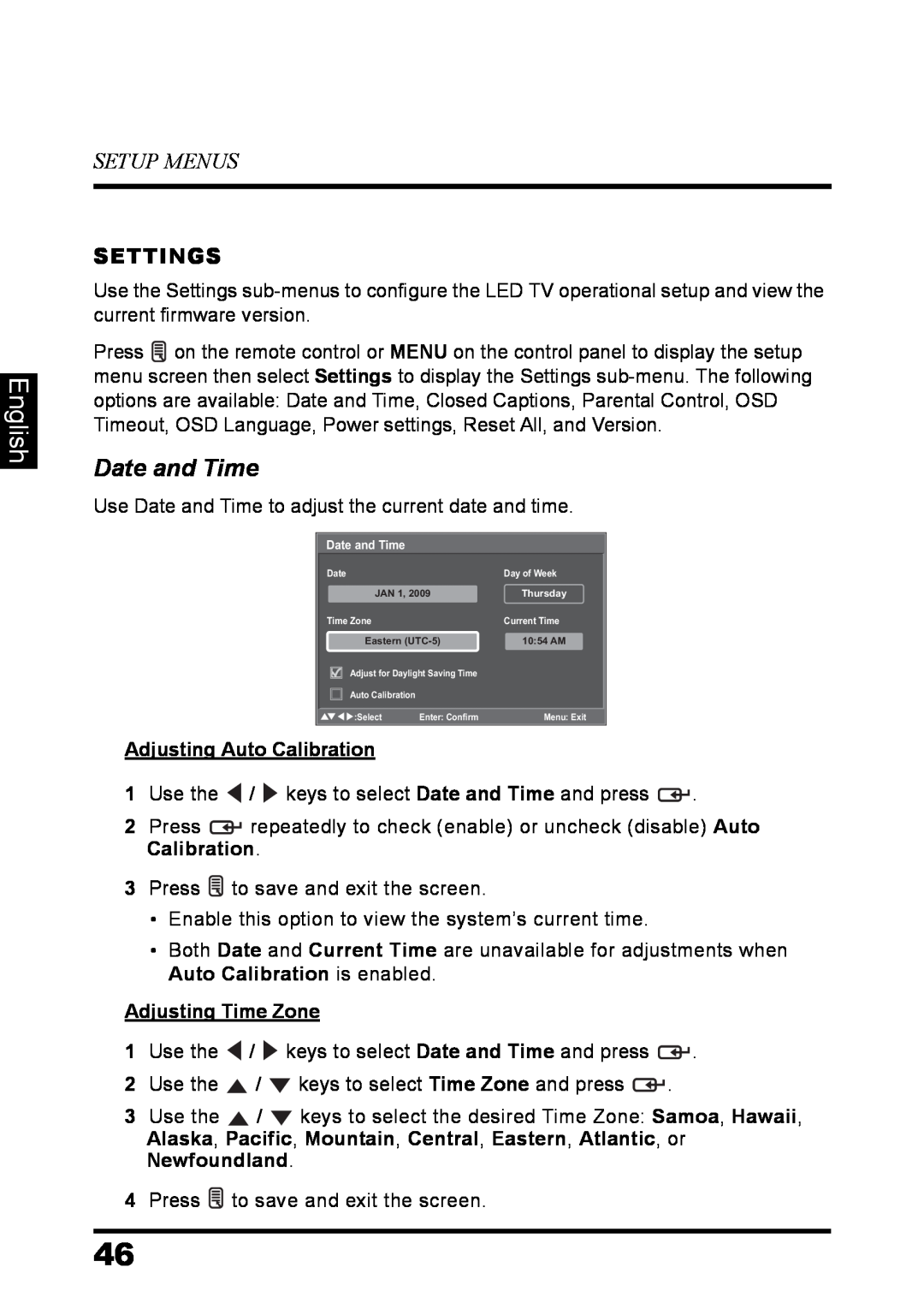 Westinghouse LD-3237 user manual Date and Time, English, Setup Menus, Settings 