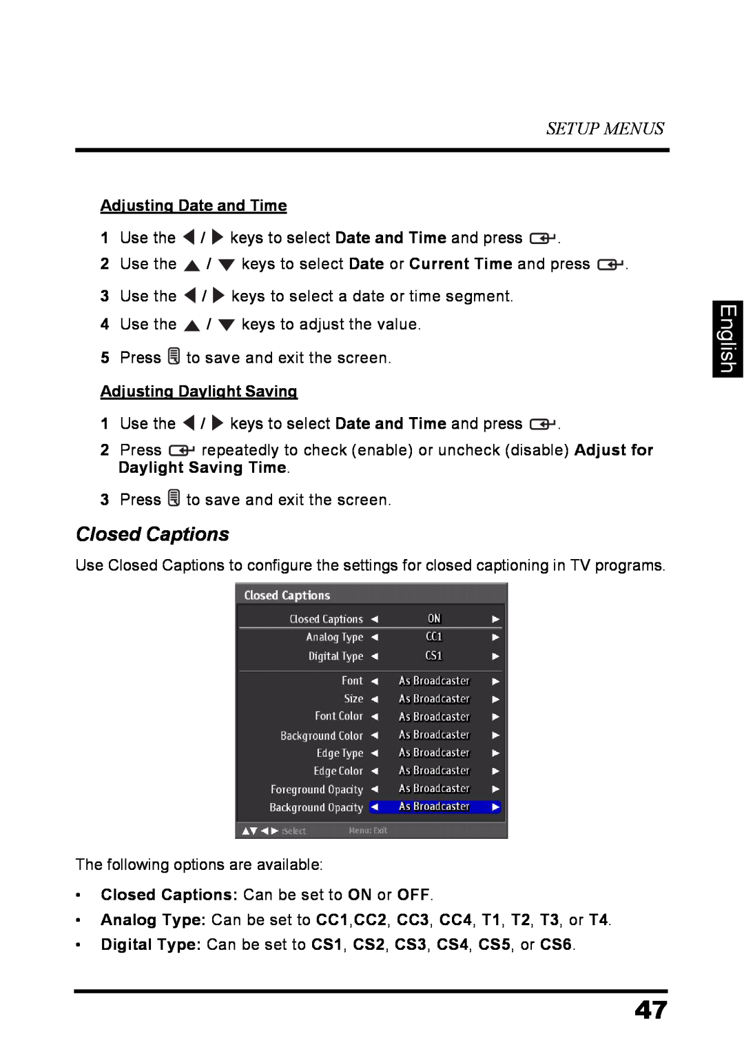 Westinghouse LD-3237 user manual Closed Captions, English, Setup Menus, Adjusting Date and Time, Adjusting Daylight Saving 