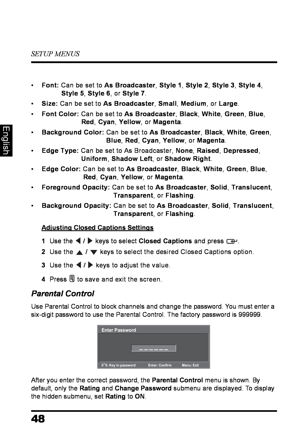 Westinghouse LD-3237 user manual Parental Control, English, Setup Menus 