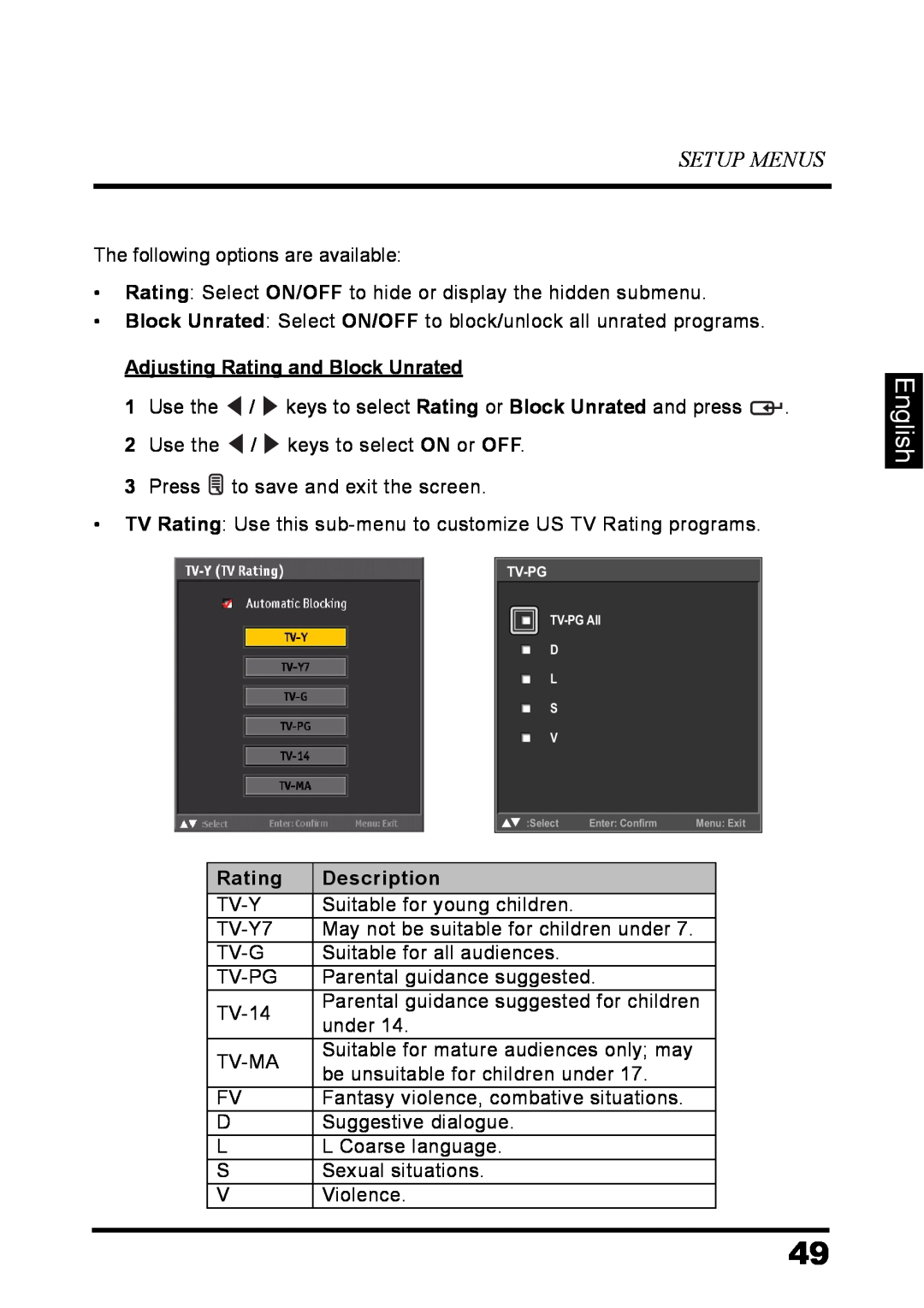 Westinghouse LD-3237 user manual English, Setup Menus, Tv-Pg, TV-PG All 