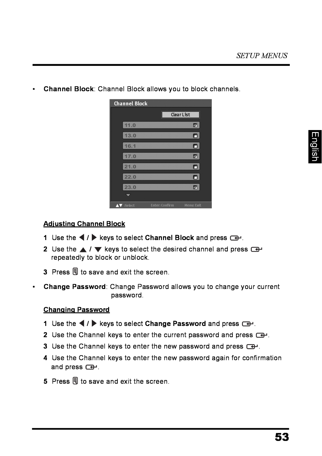 Westinghouse LD-3237 user manual English, Setup Menus, Adjusting Channel Block, Changing Password 