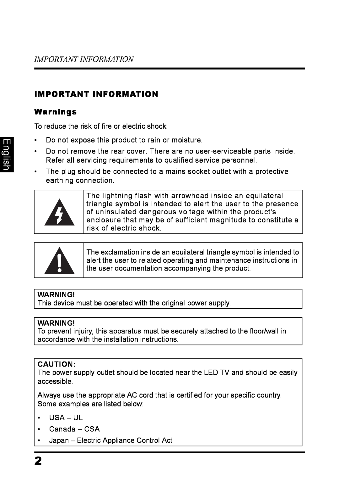 Westinghouse LD-3237 user manual English, Important Information, IMPORTANT INFORMATION Warnings 