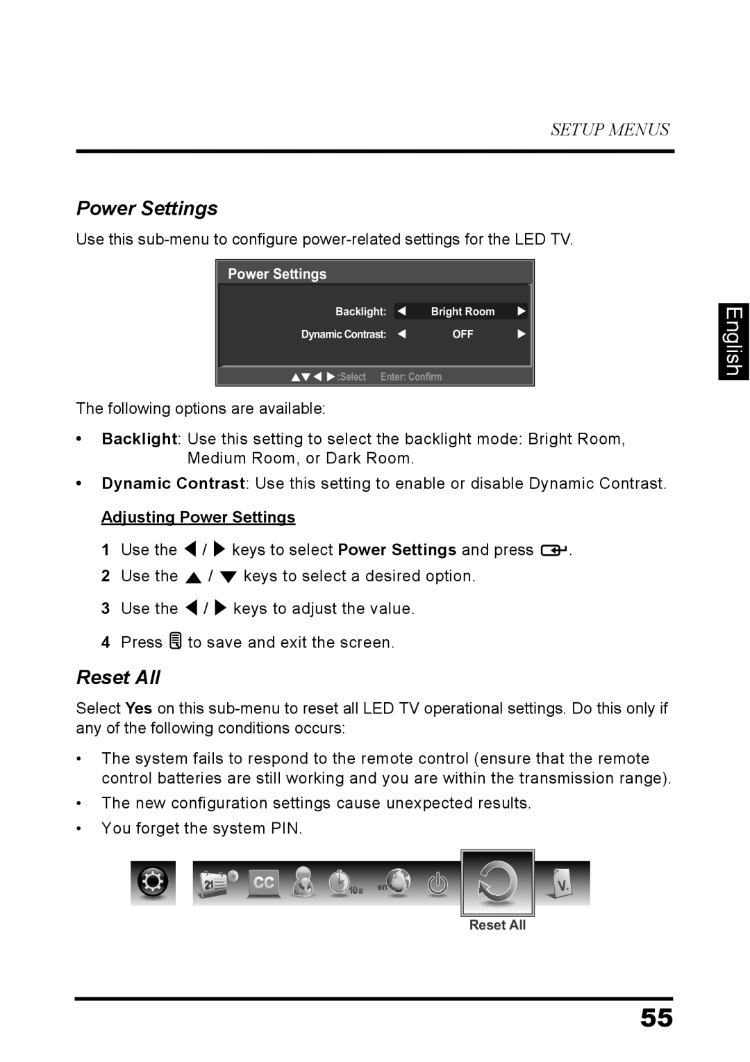 Westinghouse LD-3237 user manual Reset All, English, Setup Menus, Adjusting Power Settings 