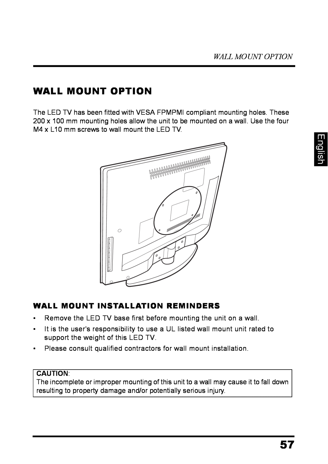 Westinghouse LD-3237 user manual Wall Mount Option, English, Wall Mount Installation Reminders 