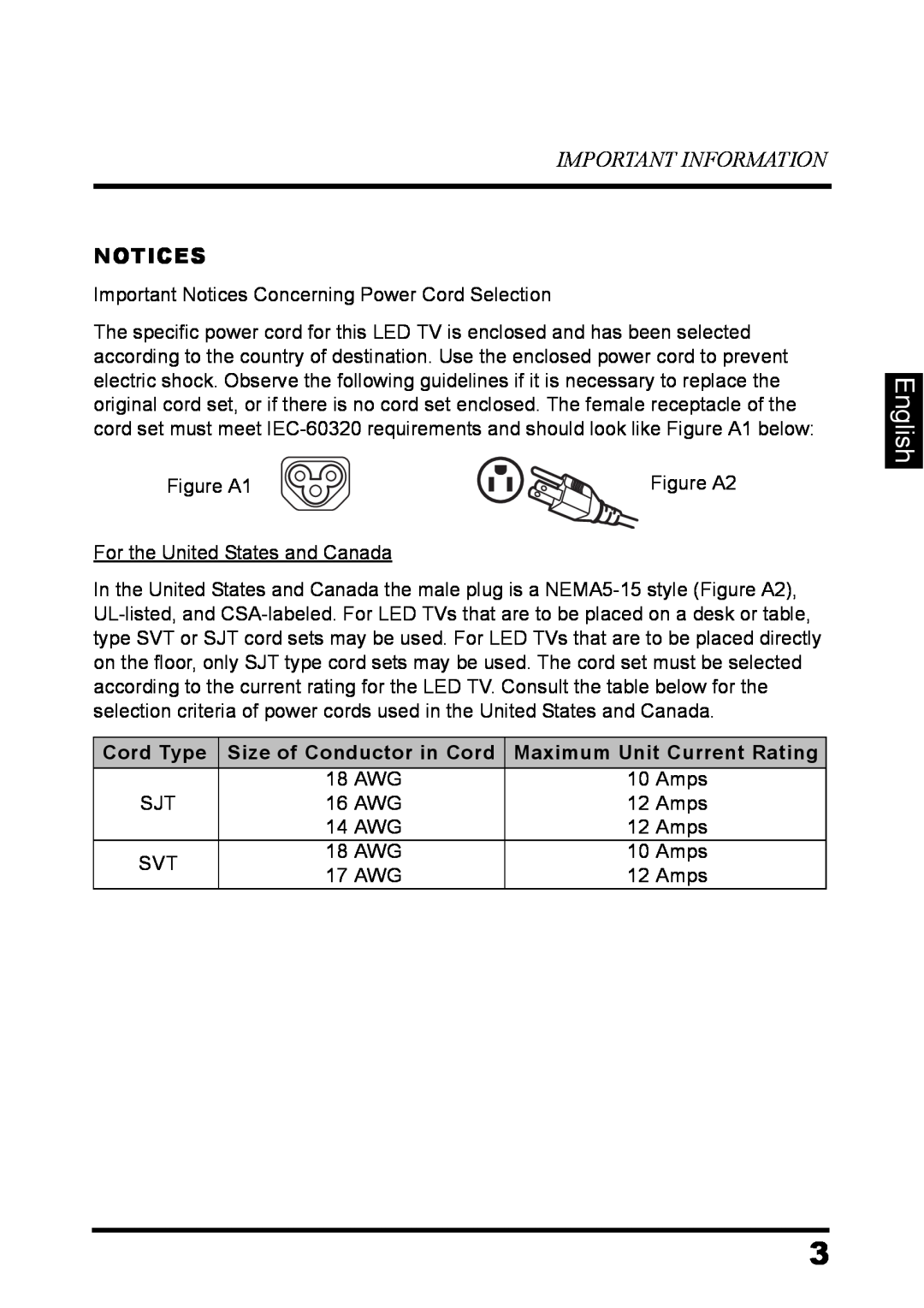 Westinghouse LD-3237 user manual English, Important Information, Notices, Cord Type, Size of Conductor in Cord 