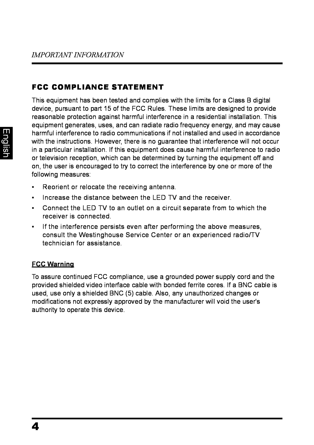 Westinghouse LD-3237 user manual English, Important Information, Fcc Compliance Statement, FCC Warning 