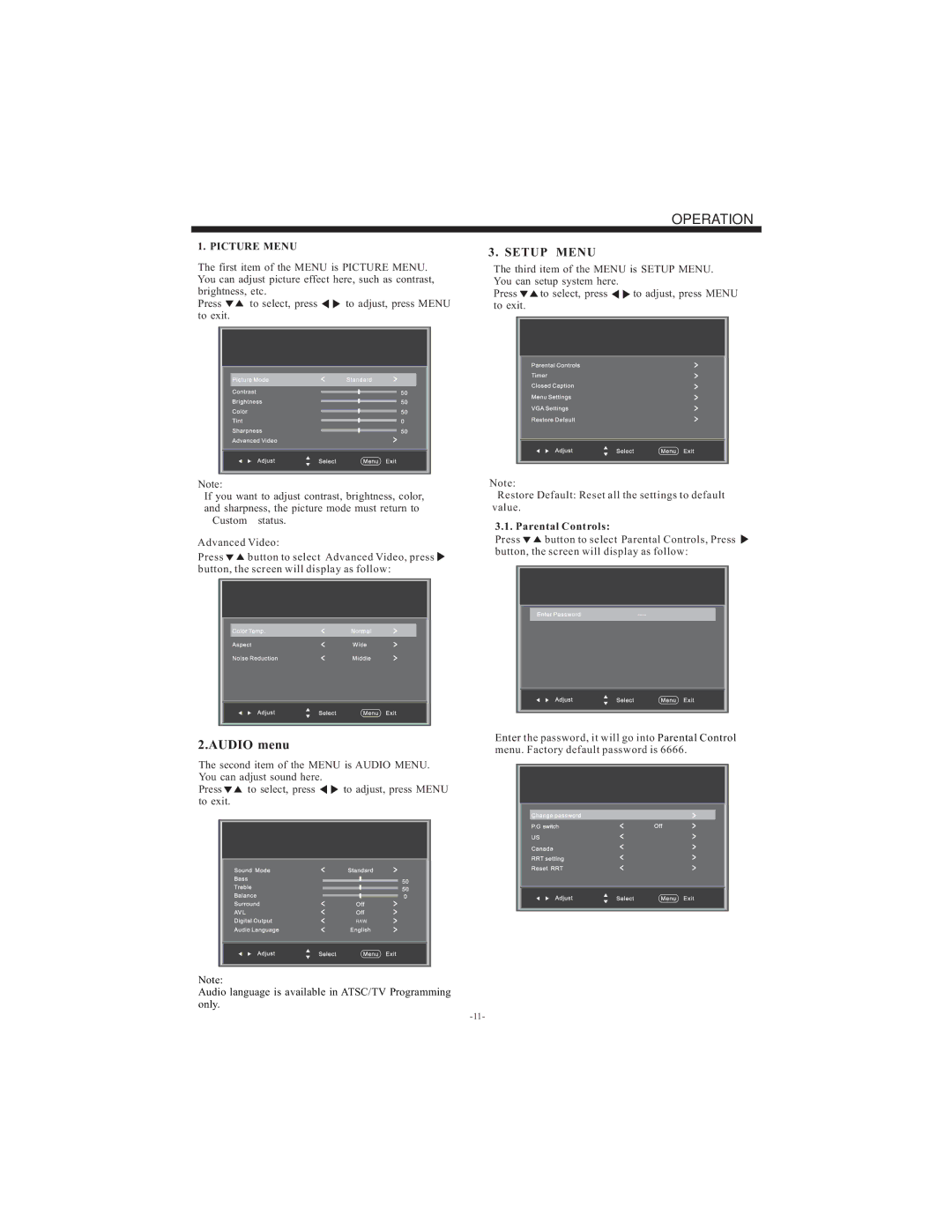 Westinghouse LD-3240 manual Operation, Parental Controls 