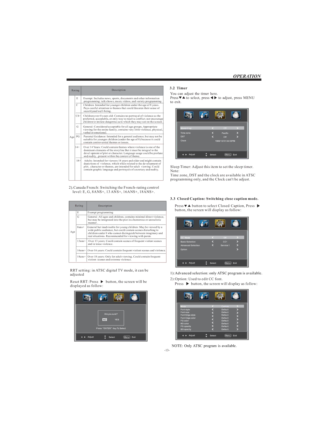 Westinghouse LD-3240 manual Timer, Closed Caption Switching close caption mode 