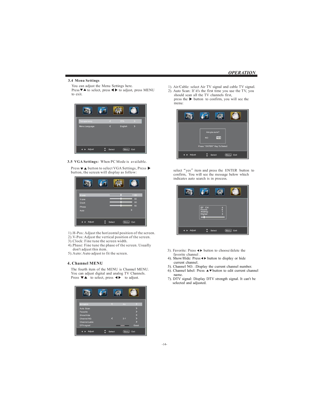 Westinghouse LD-3240 manual Channel Menu, Menu Settings 