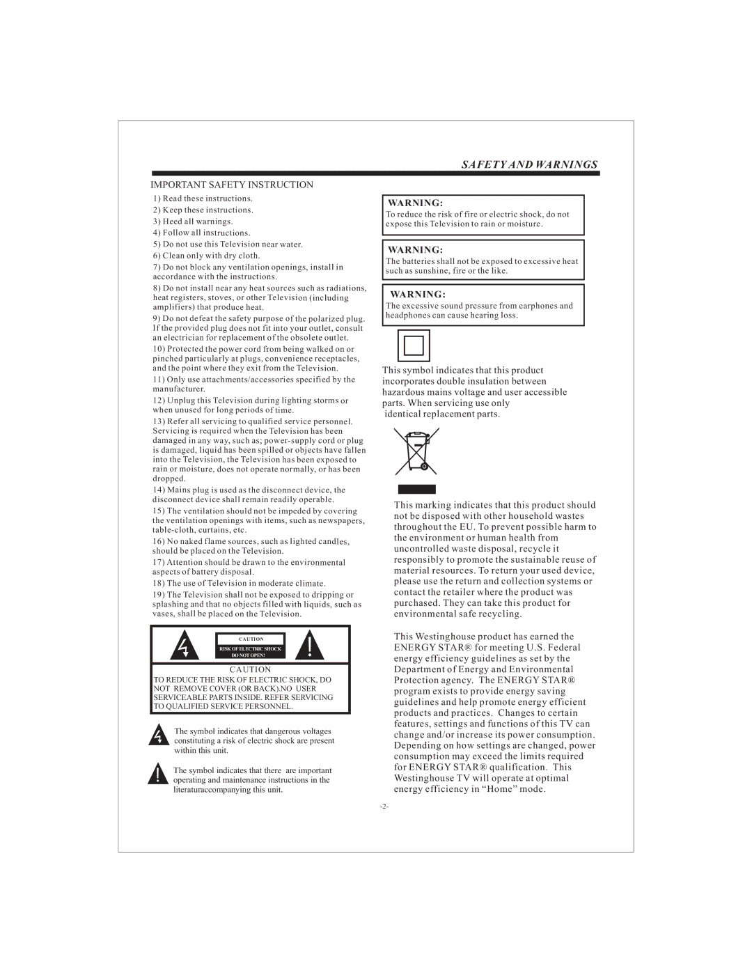 Westinghouse LD-3240 manual Safety and Warnings, Important Safety Instruction 