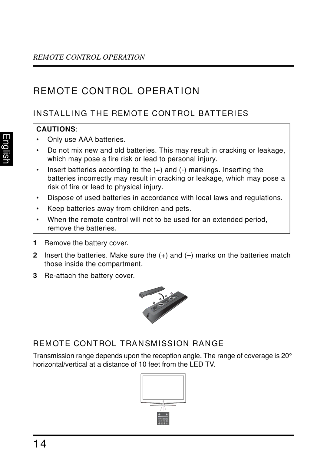 Westinghouse LD-325 Remote Control Operation, Installing the Remote Control Batteries, Remote Control Transmission Range 