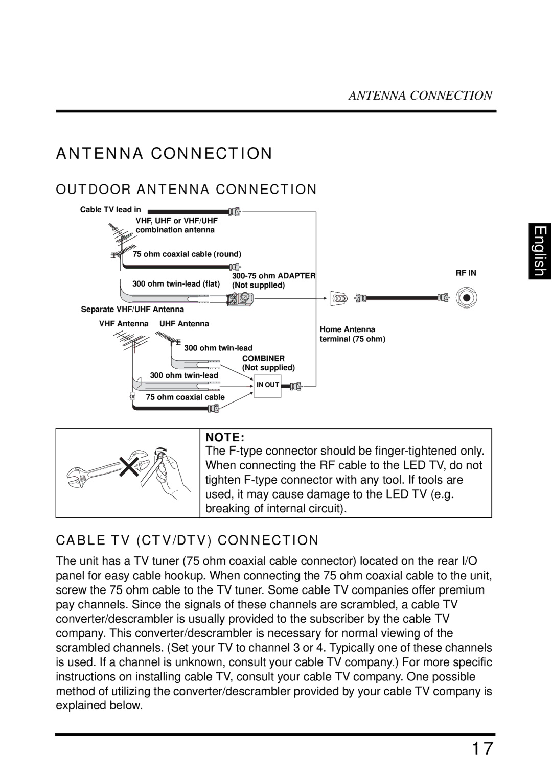 Westinghouse LD-3255VX user manual Outdoor Antenna Connection, Cable TV CTV/DTV Connection 