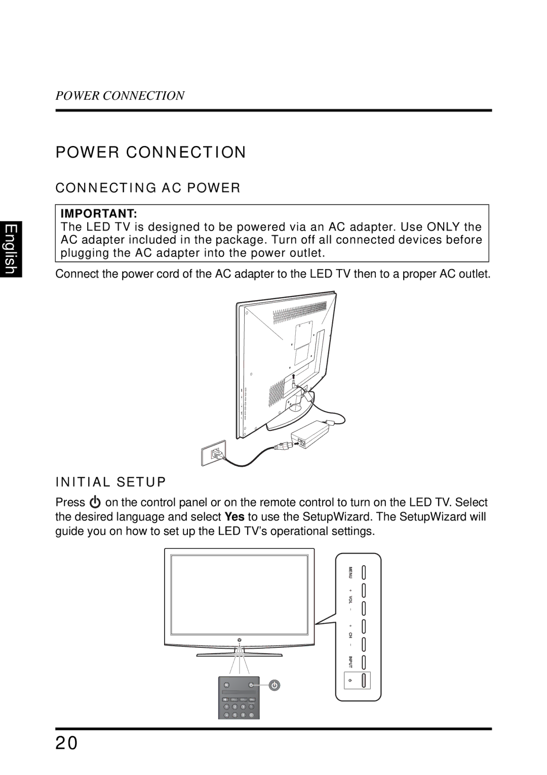 Westinghouse LD-3255VX user manual Power Connection, Connecting AC Power, Initial Setup 