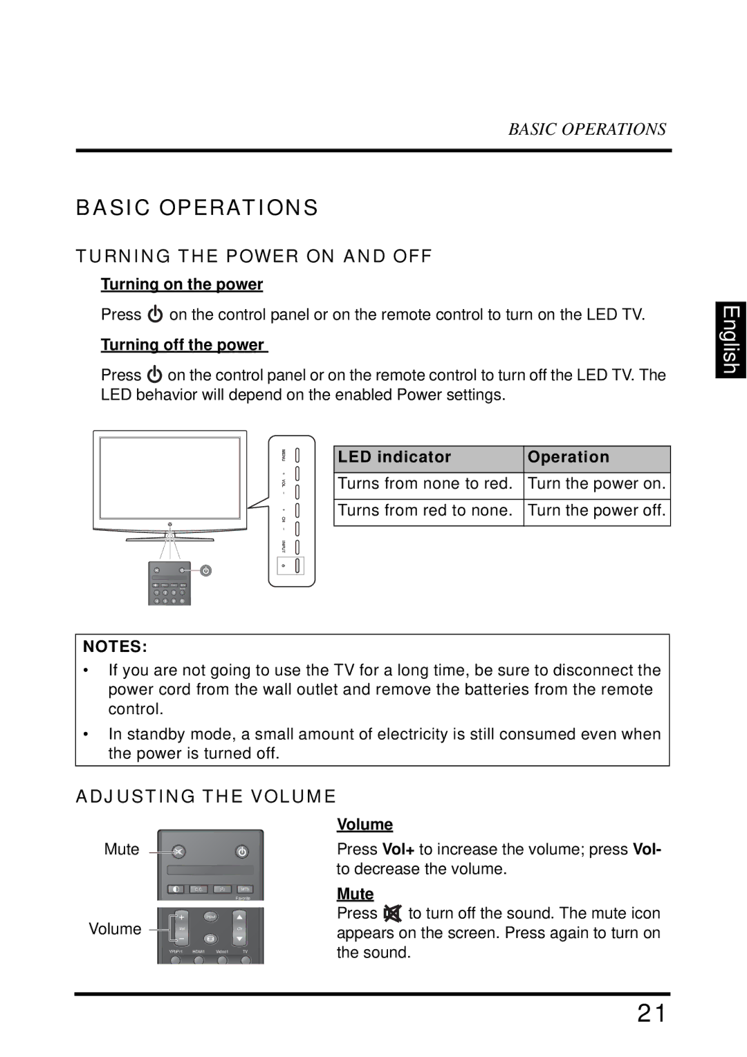 Westinghouse LD-3255VX user manual Basic Operations, Turning the Power on and OFF, Adjusting the Volume 