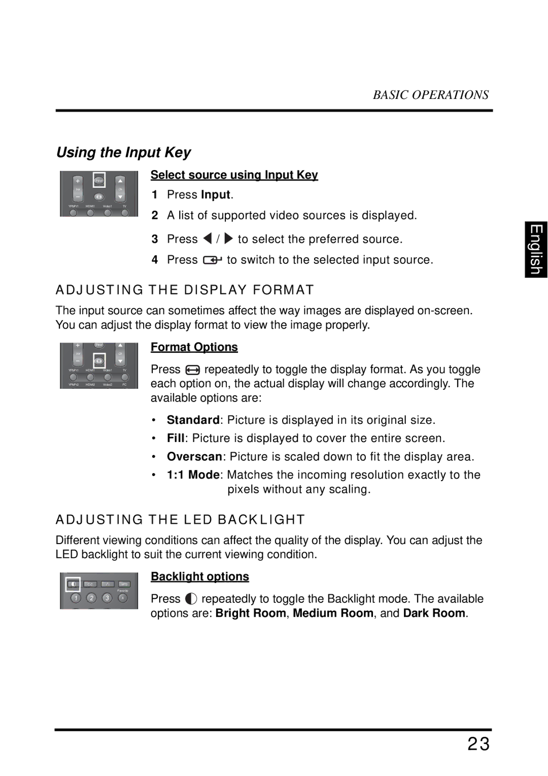 Westinghouse LD-3255VX Adjusting the Display Format, Adjusting the LED Backlight, Format Options, Backlight options 