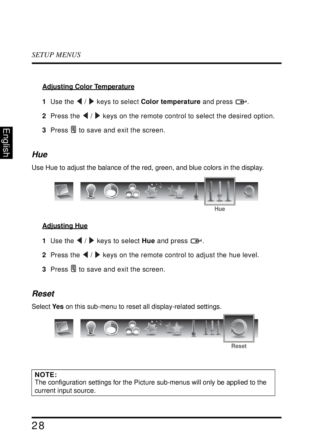 Westinghouse LD-3255VX user manual Reset, Adjusting Color Temperature, Adjusting Hue 