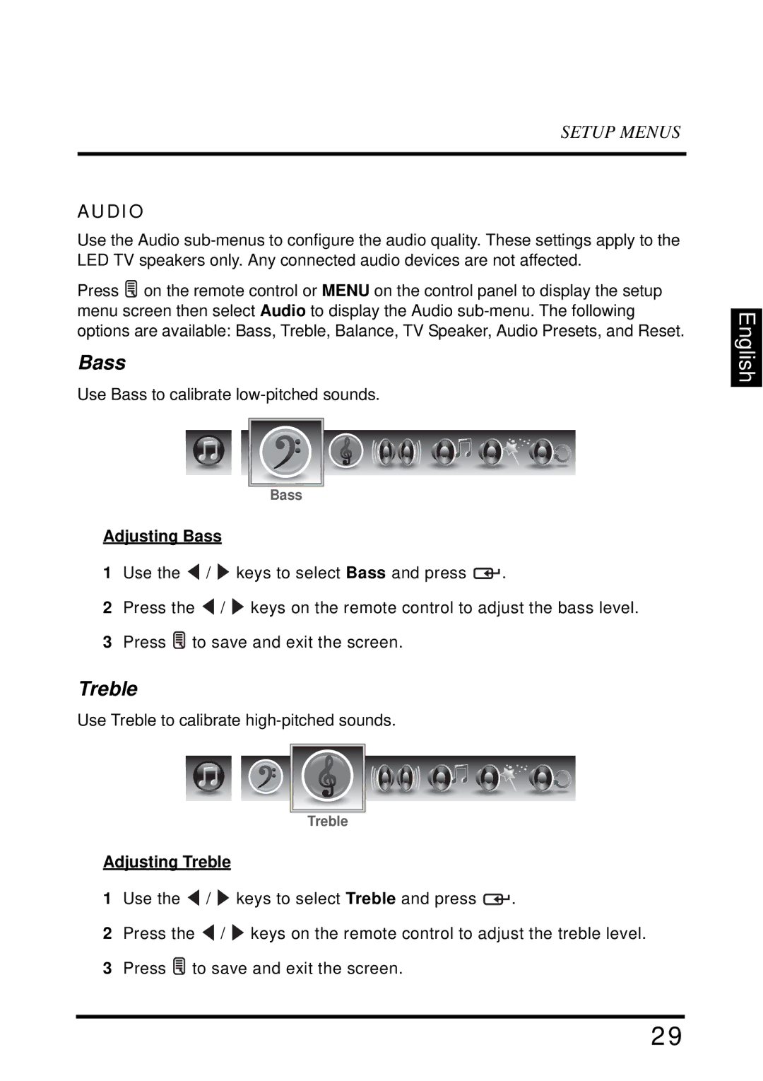 Westinghouse LD-3255VX user manual Audio, Adjusting Bass, Adjusting Treble 