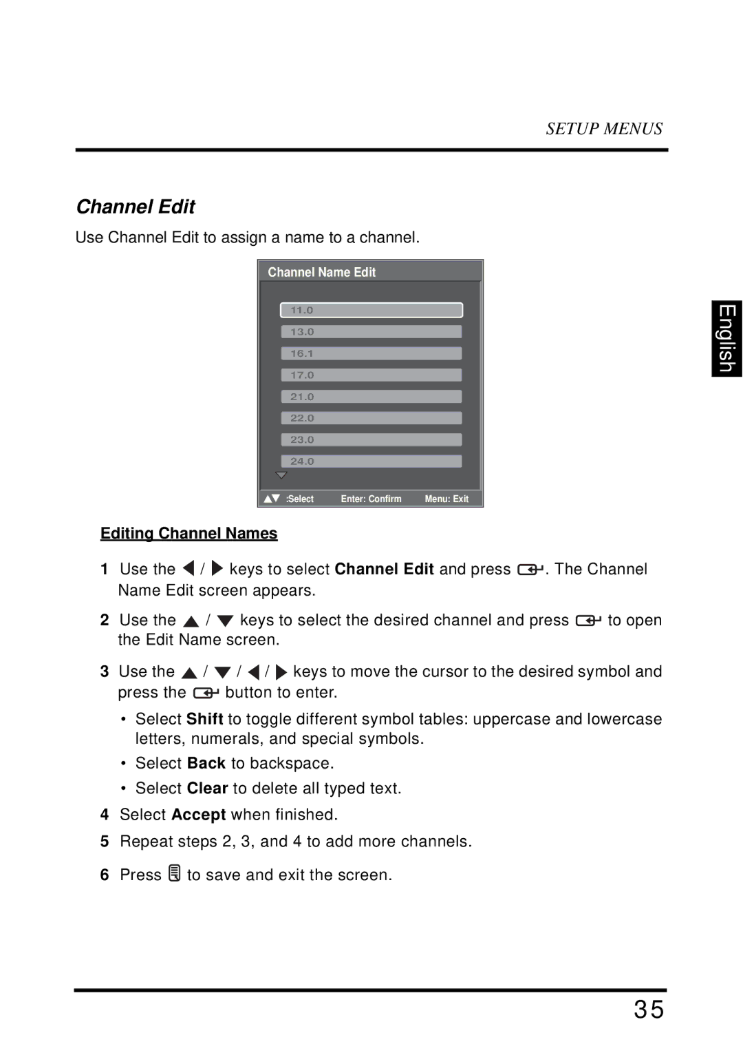 Westinghouse LD-3255VX user manual Channel Edit, Editing Channel Names 