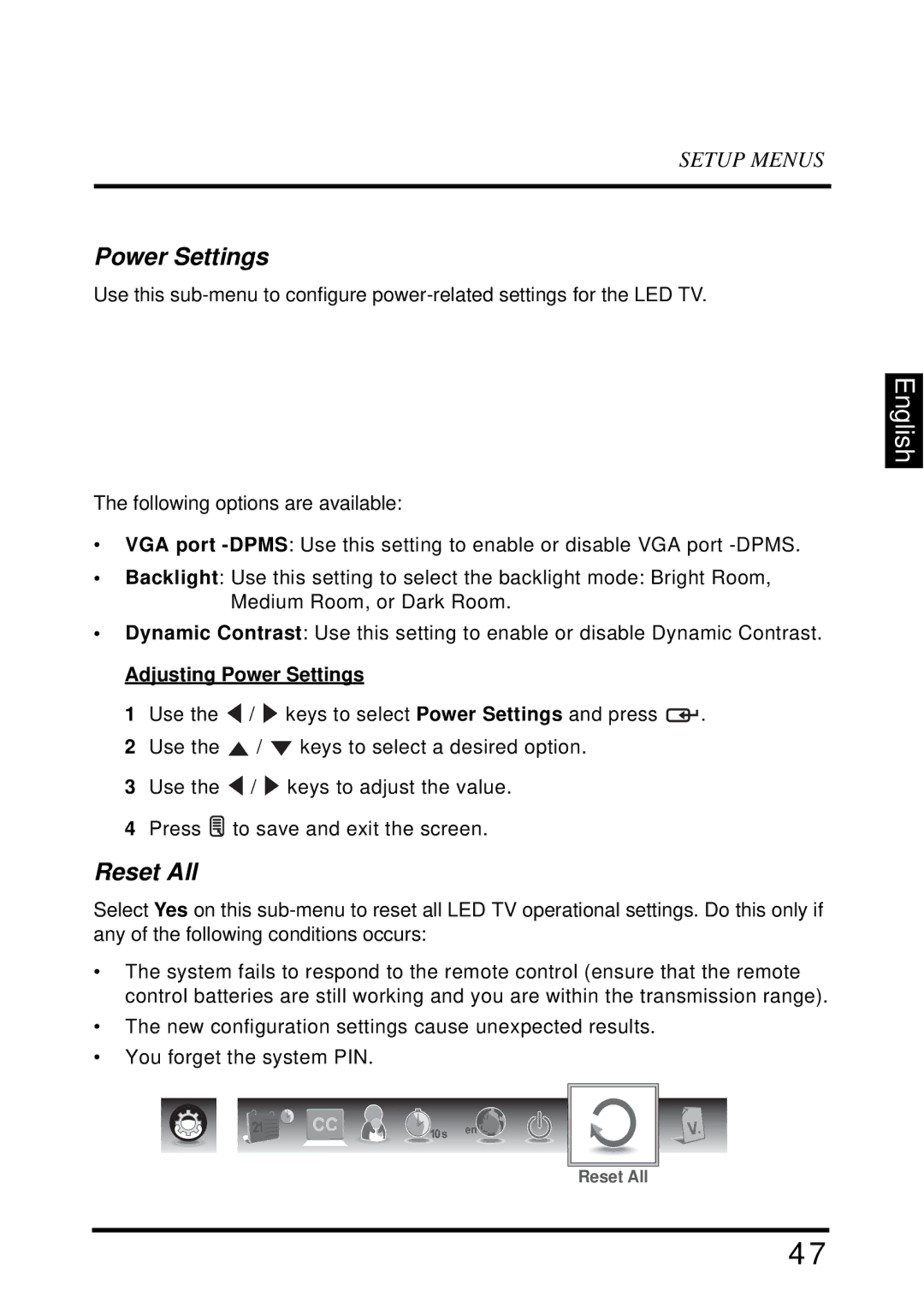 Westinghouse LD-3255VX user manual Reset All, Adjusting Power Settings 