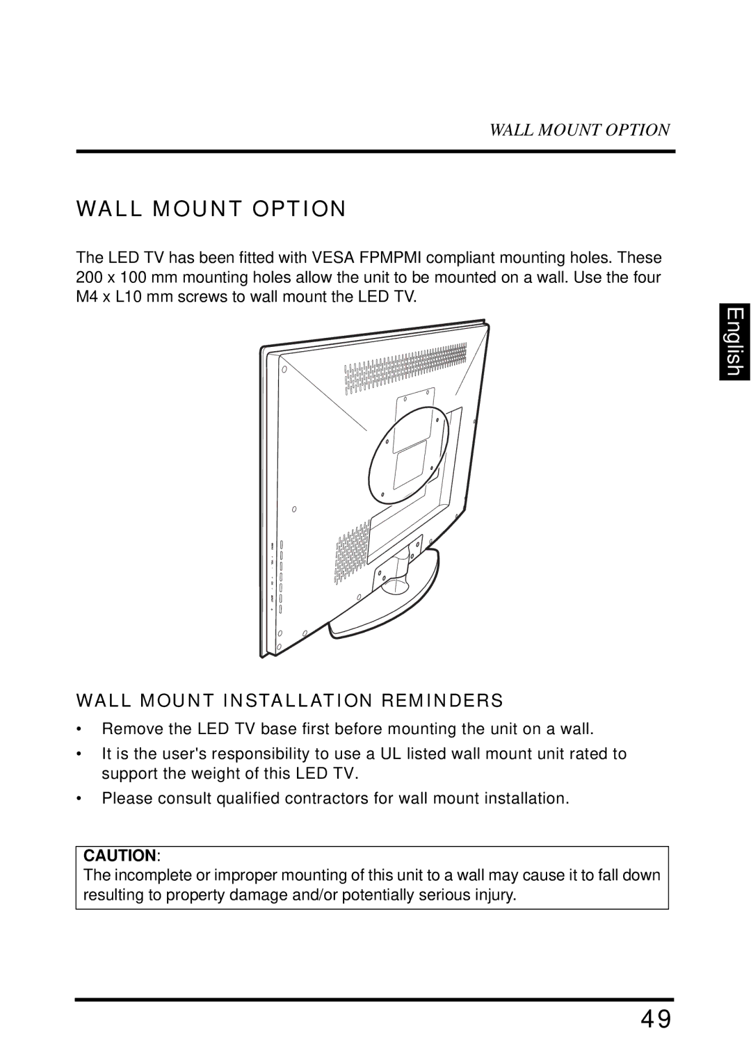 Westinghouse LD-3255VX user manual Wall Mount Option, Wall Mount Installation Reminders 