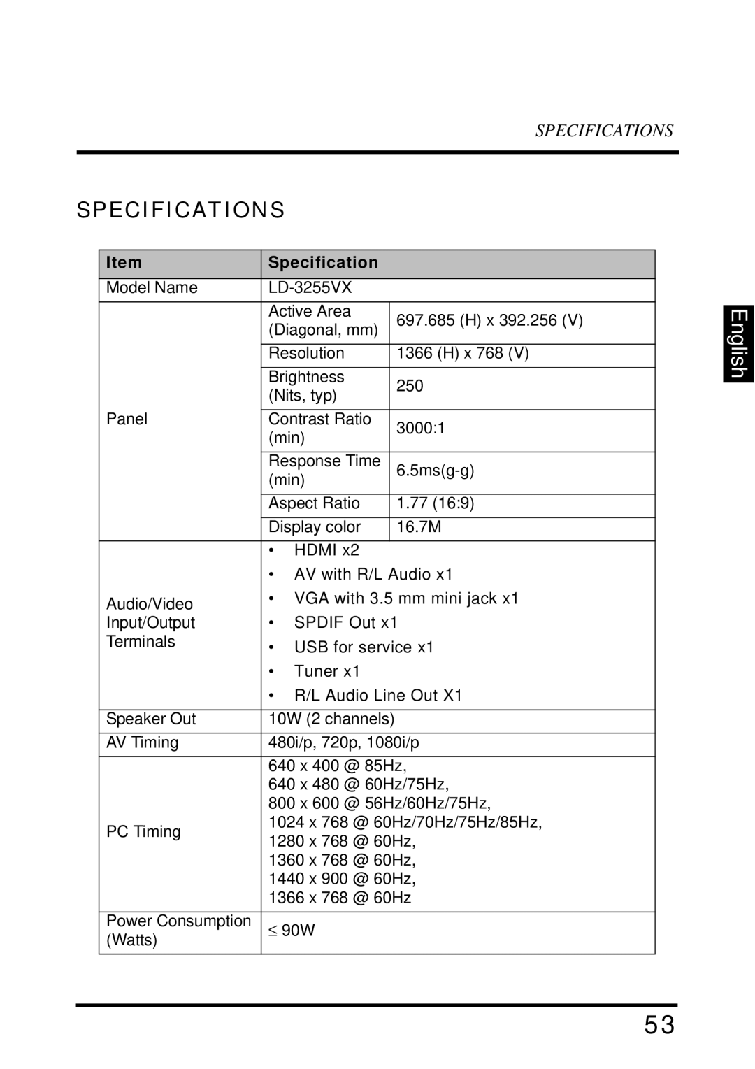 Westinghouse LD-3255VX user manual Specifications 