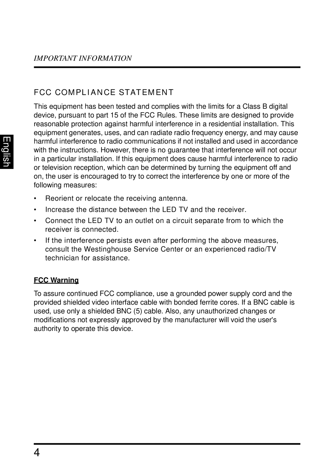 Westinghouse LD-3255VX user manual FCC Compliance Statement, FCC Warning 