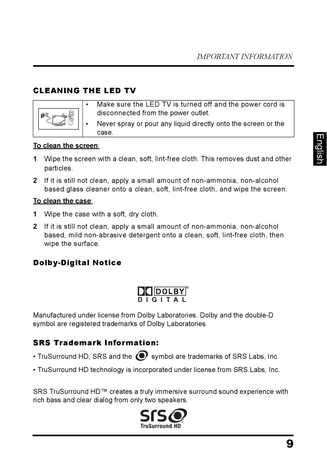 Westinghouse LD-3260 user manual Cleaning the LED TV, To clean the screen, To clean the case 