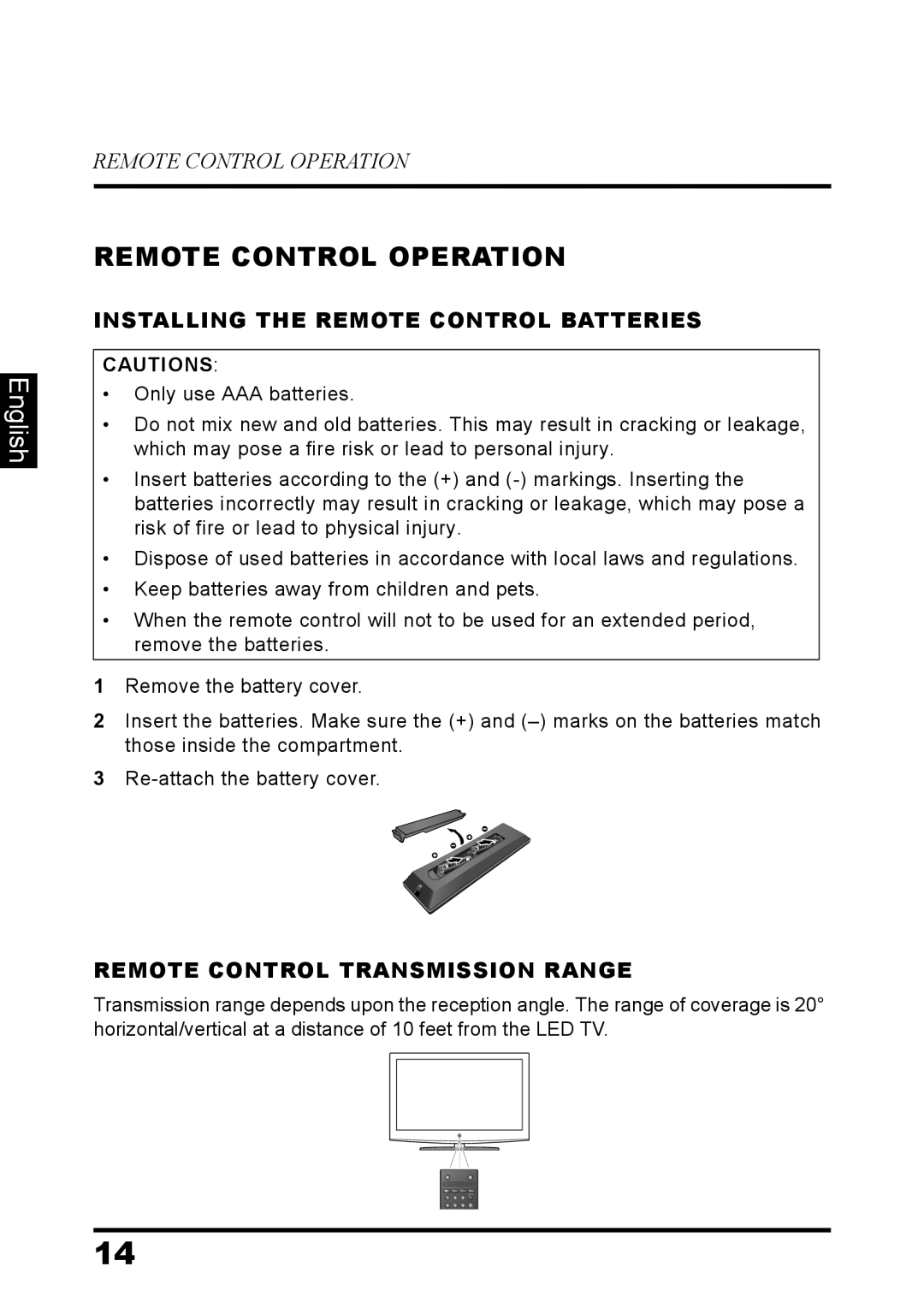 Westinghouse LD-3260 Remote Control Operation, Installing the Remote Control Batteries, Remote Control Transmission Range 