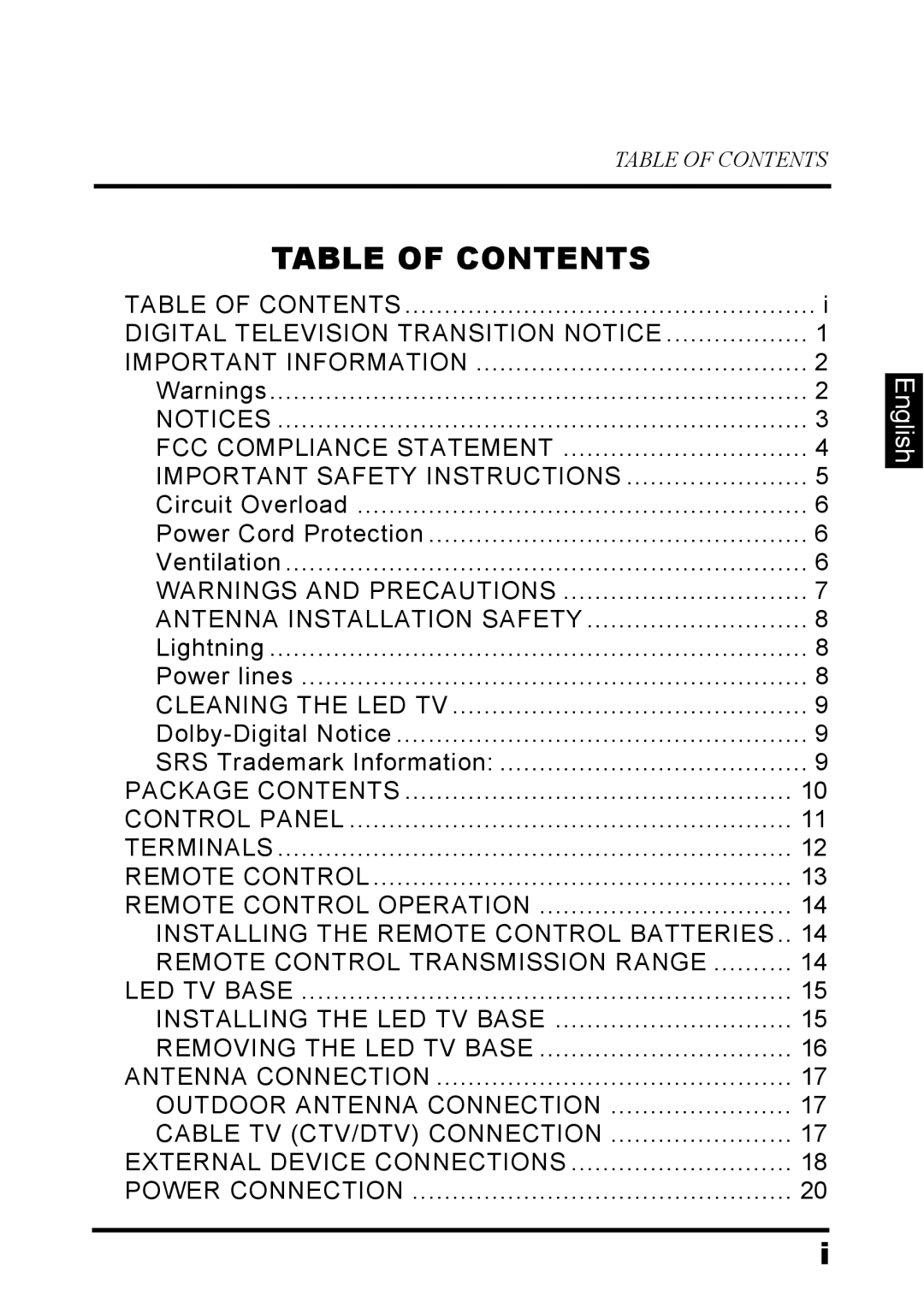 Westinghouse LD-3260 user manual Table of Contents 