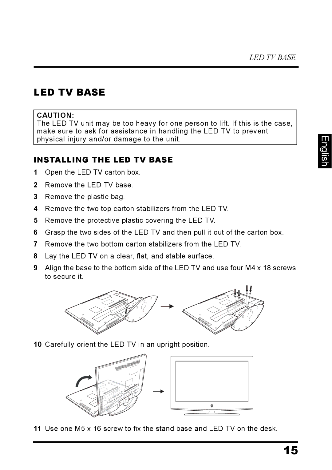 Westinghouse LD-3260 user manual Installing the LED TV Base 