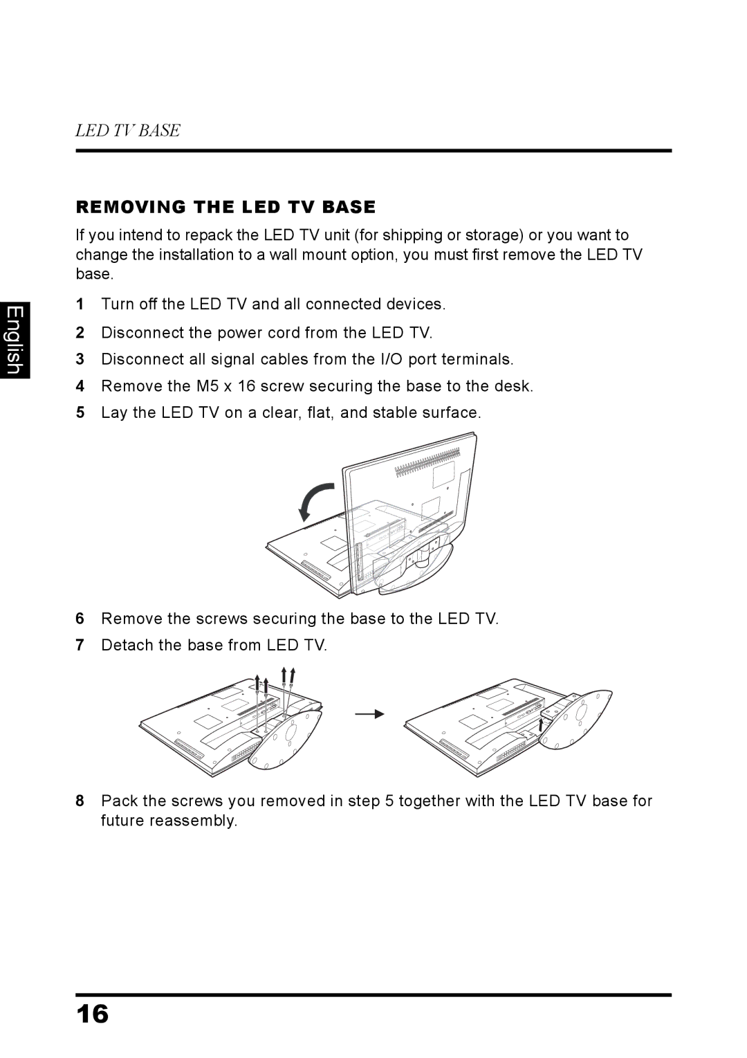 Westinghouse LD-3260 user manual Removing the LED TV Base 