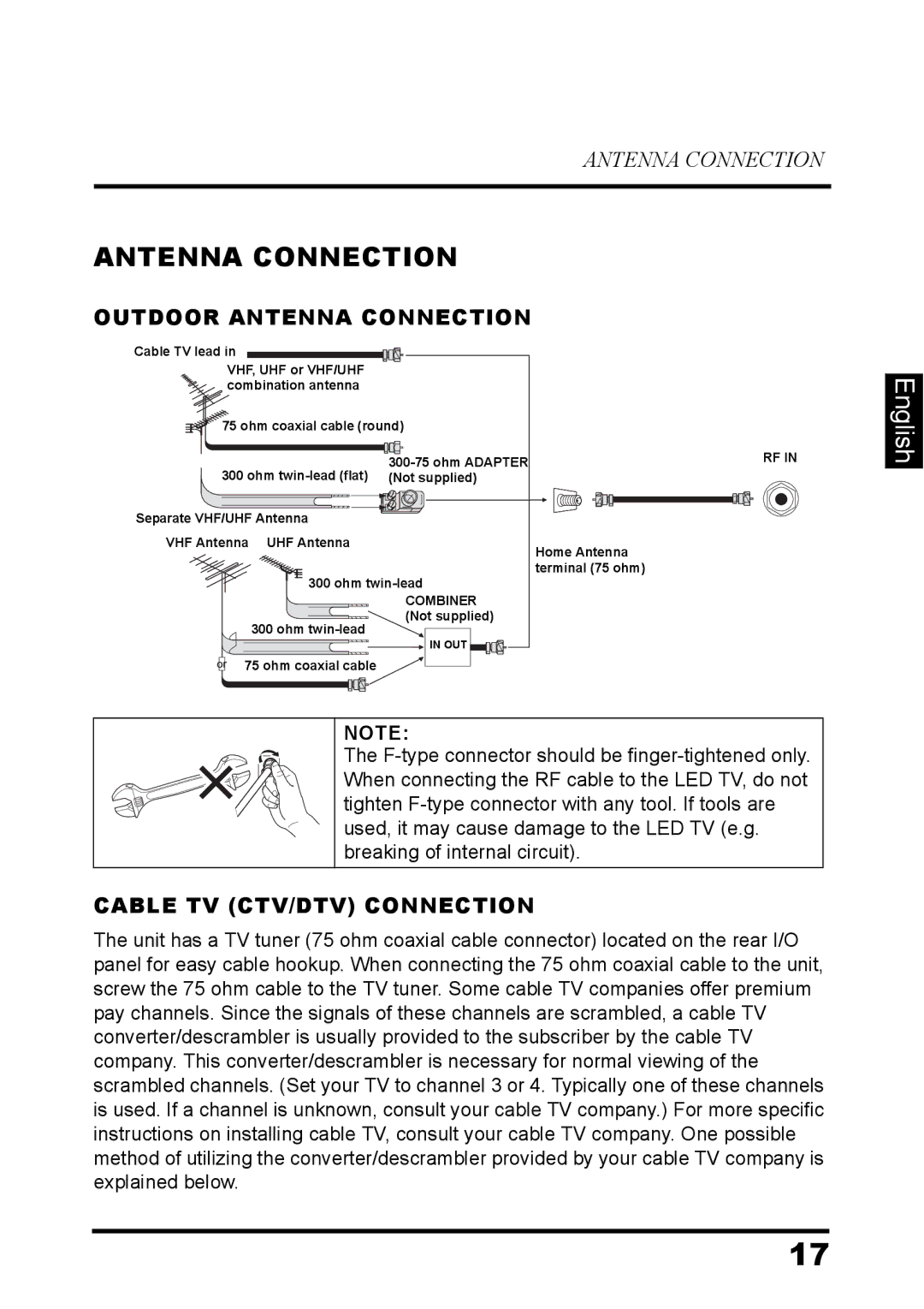 Westinghouse LD-3260 user manual Outdoor Antenna Connection, Cable TV CTV/DTV Connection 